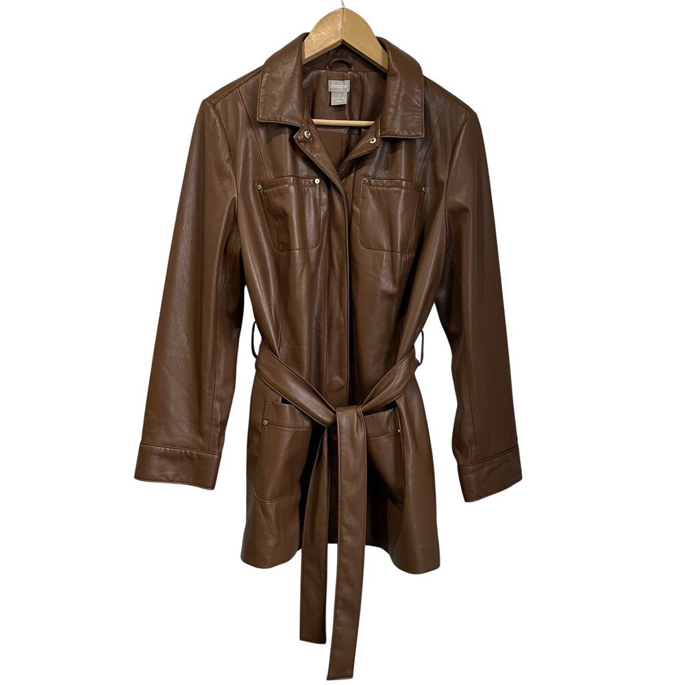 Chico’s Faux Leather Belted Jacket Tan Brown Longline Chic Size 1 US 8/10